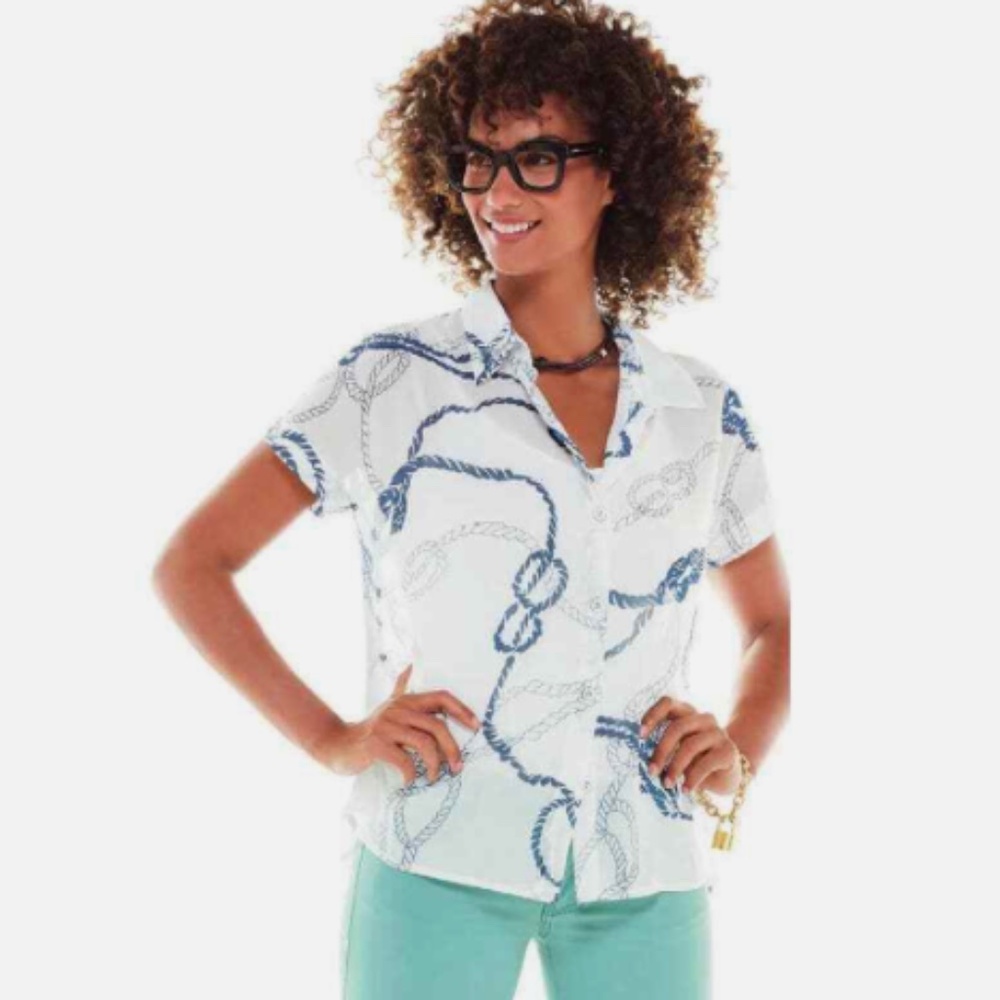 Cabi Boating Sheer Button Down Short Sleeve Top